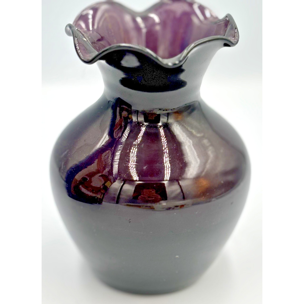 Dark Amethyst Purple Bud Vase Ruffled Rim 4 Inches Tall Appears Black EUC